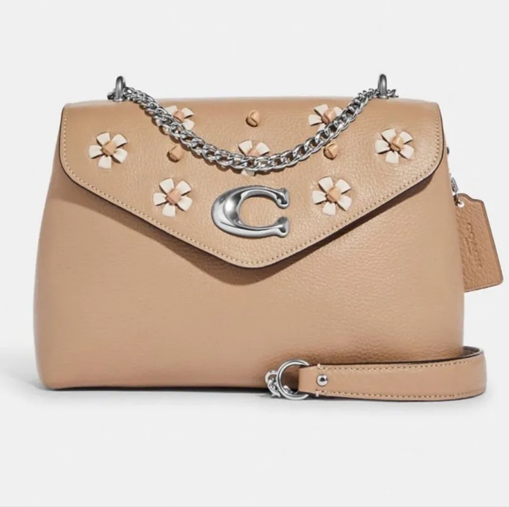 COACH Tammie Shoulder Bag with Floral Whipstitch in Taupe/Silver - Picture 1 of 12